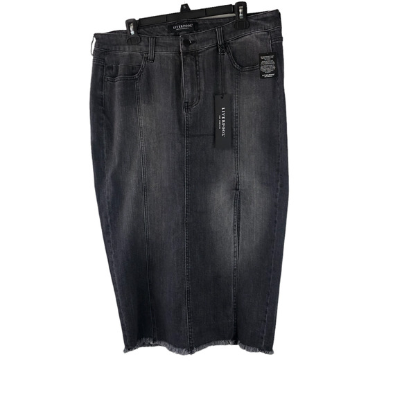 NWT Liverpool High Rise Denim Skirt W/ Slit Frayed Hem 29" Black Midi Size 14 - Picture 5 of 7
